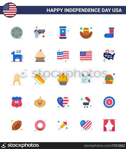 25 USA Flat Pack of Independence Day Signs and Symbols of christmas  hat  cell  cap  phone Editable USA Day Vector Design Elements