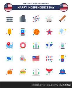 25 USA Flat Signs Independence Day Celebration Symbols of baseball  white  buntings  usa  house Editable USA Day Vector Design Elements