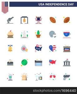 25 USA Flat Signs Independence Day Celebration Symbols of cake  sports  chair  rugby  television Editable USA Day Vector Design Elements