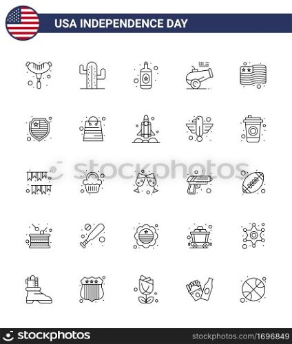 25 USA Line Pack of Independence Day Signs and Symbols of american  flag  bottle  country  howitzer Editable USA Day Vector Design Elements