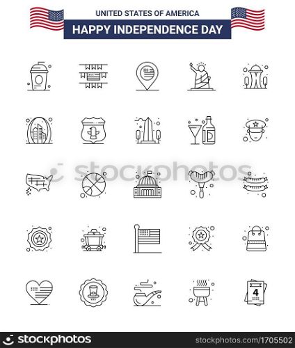 25 USA Line Pack of Independence Day Signs and Symbols of building  statue  american  of  landmarks Editable USA Day Vector Design Elements