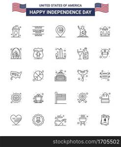 25 USA Line Pack of Independence Day Signs and Symbols of building; statue; american; of; landmarks Editable USA Day Vector Design Elements