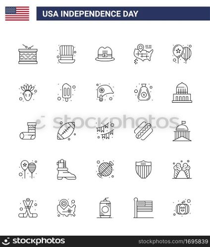 25 USA Line Pack of Independence Day Signs and Symbols of day; balloons; usa; american; location Editable USA Day Vector Design Elements