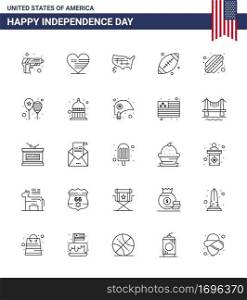 25 USA Line Pack of Independence Day Signs and Symbols of hotdog  usa  map  sport  ball Editable USA Day Vector Design Elements