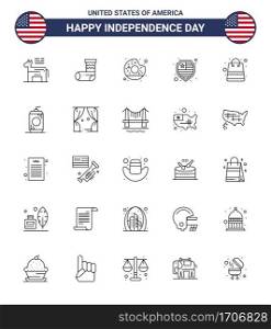 25 USA Line Pack of Independence Day Signs and Symbols of packages  bag  donut  shield  american Editable USA Day Vector Design Elements