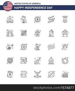 25 USA Line Pack of Independence Day Signs and Symbols of ring; party bulb; plent; party decoration; sign Editable USA Day Vector Design Elements
