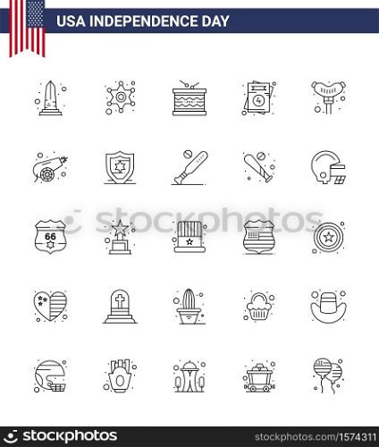 25 USA Line Pack of Independence Day Signs and Symbols of wedding; love; police sign; invitation; parade Editable USA Day Vector Design Elements