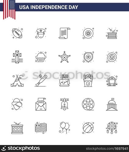 25 USA Line Signs Independence Day Celebration Symbols of independence; drum; text; day; military Editable USA Day Vector Design Elements