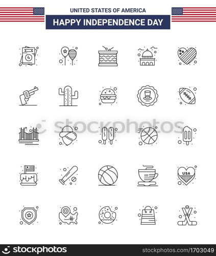 25 USA Line Signs Independence Day Celebration Symbols of usa  house  america flag  building  parade Editable USA Day Vector Design Elements