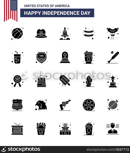 25 USA Solid Glyph Pack of Independence Day Signs and Symbols of juice; alcohol; rocket; sausage; food Editable USA Day Vector Design Elements