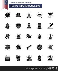 25 USA Solid Glyph Pack of Independence Day Signs and Symbols of juice; alcohol; rocket; sausage; food Editable USA Day Vector Design Elements