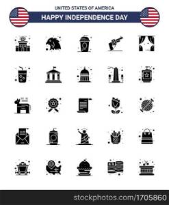 25 USA Solid Glyph Pack of Independence Day Signs and Symbols of leisure  american  cole  weapon  gun Editable USA Day Vector Design Elements