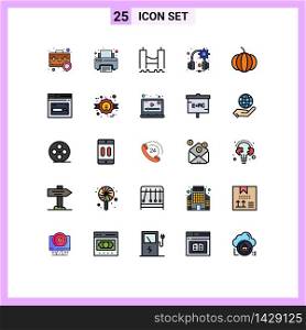 25 User Interface Filled line Flat Color Pack of modern Signs and Symbols of pumpkin, headphones, printing, gear, industrial Editable Vector Design Elements