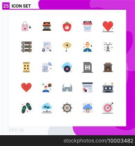 25 User Interface Flat Color Pack of modern Signs and Symbols of cinema, vegetable, estate, health, apple Editable Vector Design Elements
