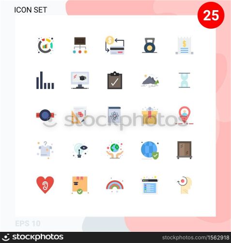 25 User Interface Flat Color Pack of modern Signs and Symbols of dumbbell, credit, management, cashless, card Editable Vector Design Elements