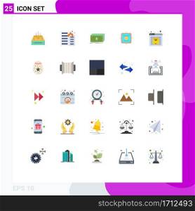 25 User Interface Flat Color Pack of modern Signs and Symbols of report, money, flame, funds, dollar Editable Vector Design Elements