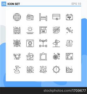 25 User Interface Line Pack of modern Signs and Symbols of day, calendar, hotel, percent, money Editable Vector Design Elements