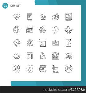 25 User Interface Line Pack of modern Signs and Symbols of document, arrows, loud, working, routine Editable Vector Design Elements