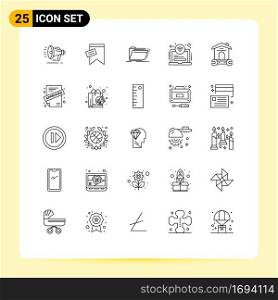 25 User Interface Line Pack of modern Signs and Symbols of house, laptop, archive, hotel, folder Editable Vector Design Elements