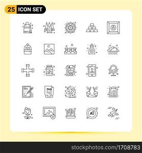 25 User Interface Line Pack of modern Signs and Symbols of lock, stack, flower, gold bar, bricks Editable Vector Design Elements