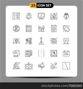 25 User Interface Line Pack of modern Signs and Symbols of money, document, production, banking, imac Editable Vector Design Elements