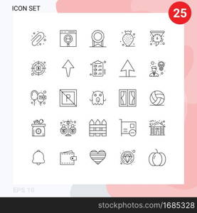 25 User Interface Line Pack of modern Signs and Symbols of speedometer, filters, bonus, filter, strawberry Editable Vector Design Elements