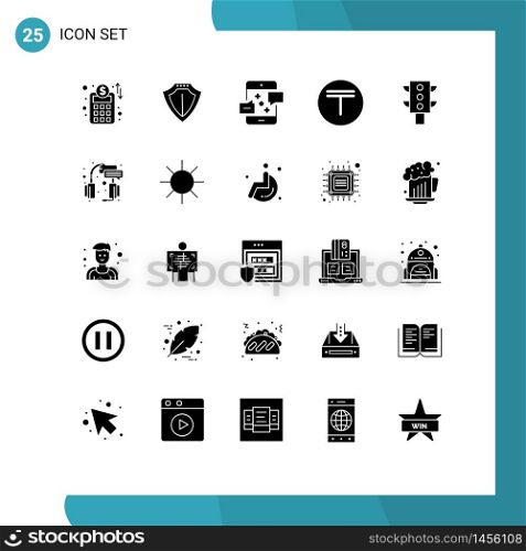 25 User Interface Solid Glyph Pack of modern Signs and Symbols of traffic, money, connection, kazakhstan, tenge Editable Vector Design Elements