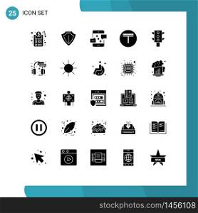25 User Interface Solid Glyph Pack of modern Signs and Symbols of traffic, money, connection, kazakhstan, tenge Editable Vector Design Elements