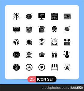 25 User Interface Solid Glyph Pack of modern Signs and Symbols of profile, share, screen, website, page Editable Vector Design Elements