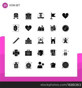 25 User Interface Solid Glyph Pack of modern Signs and Symbols of favorite, love, industry, heart, map Editable Vector Design Elements
