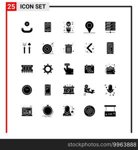 25 User Interface Solid Glyph Pack of modern Signs and Symbols of network server, pin, mobile, location, illumination Editable Vector Design Elements