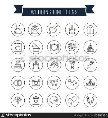 25 Wedding line icons, can be used for Valentine&rsquo;s day, vector eps10 illustration. Wedding Line Icons
