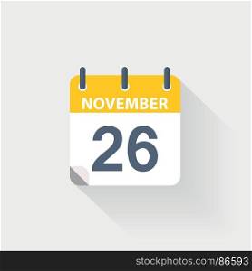 26 november calendar icon. 26 november calendar icon on grey background