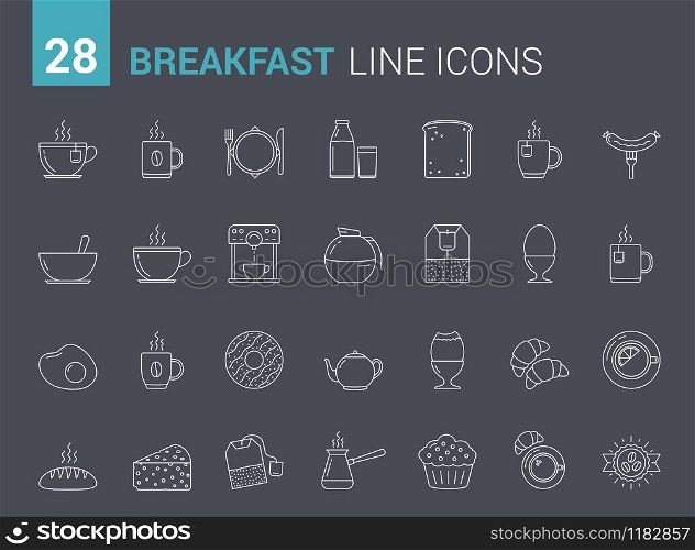 28 Breakfast line icons, morning food and drinks icons, vector eps10 illustration. Breakfast Line Icons