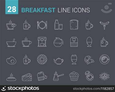 28 Breakfast line icons, morning food and drinks icons, vector eps10 illustration. Breakfast Line Icons