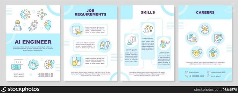 2D AI engineer blue brochure template, leaflet design with thin line icons, 4 vector layouts.. AI engineer brochure template with thin line icons