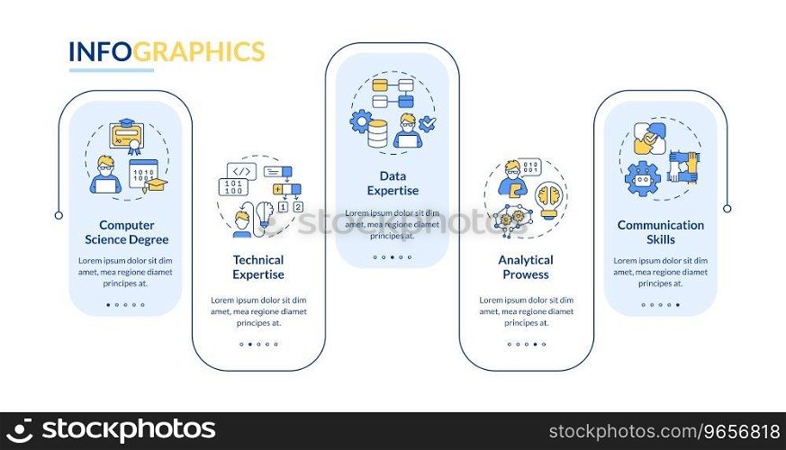 2D AI engineer vector infographics template, data visualization with 5 steps, process timeline chart.. Multicolor AI engineer layout with linear icons