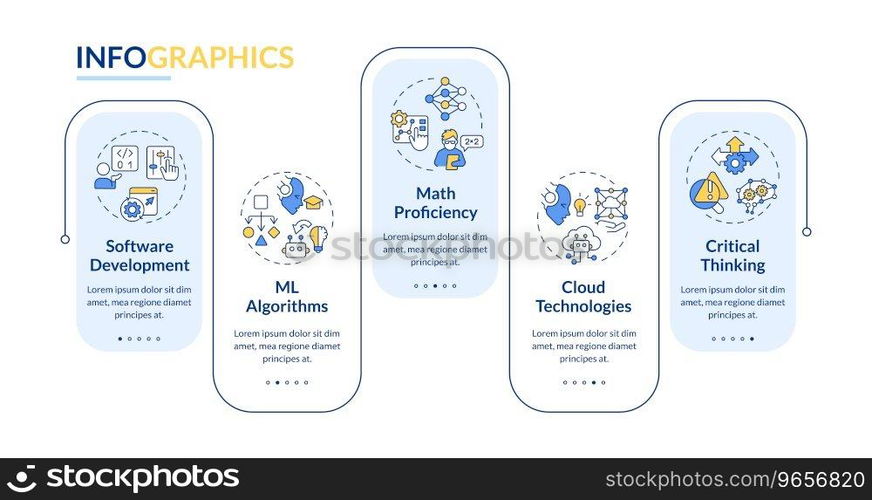 2D AI engineer vector infographics template with linear icons, data visualization with 5 steps, process timeline chart.. Colorful AI engineer layout with line icons