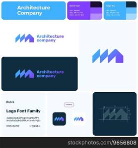 2D architecture company business logo with brand name. Home icon. Creative design element and visual identity. Editable template with rubik font. Suitable for architect, building, construction.. 2D architecture company branding template with home logo