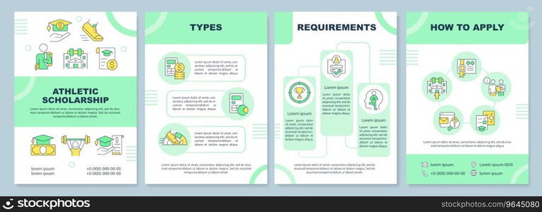 2D athletic scholarship green brochure template, leaflet design with thin line icons, 4 vector layouts.. Brochure with athletic scholarship thin line icons