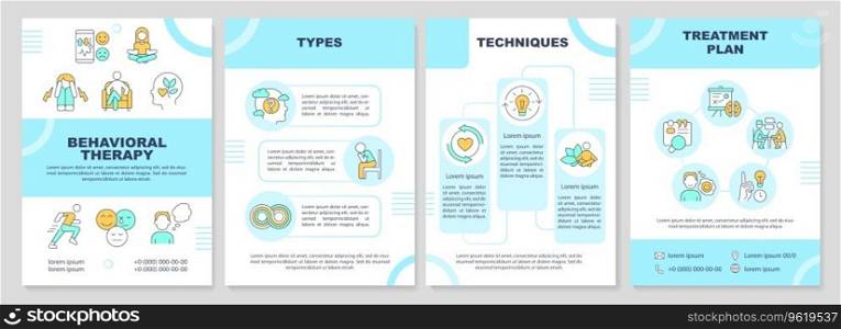 2D behavioral therapy brochure template, leaflet design with thin line icons, 4 vector layouts.. Brochure with behavioral therapy thin line icons