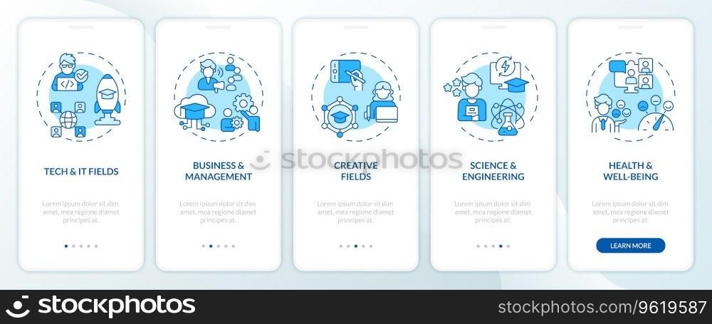 2D blue icons representing MOOC mobile app screen set. Walkthrough 5 steps graphic instructions with linear icons concept, UI, UX, GUI template.. Walkthrough MOOC with blue icons concept