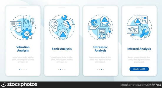 2D blue icons representing predictive maintenance mobile app screen set. Walkthrough 4 steps graphic instructions with linear icons concept, UI, UX, GUI template.. Walkthrough predictive maintenance with blue icons concept