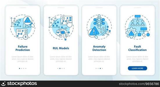 2D blue icons representing predictive maintenance mobile app screen set. Walkthrough 4 steps graphic instructions with line icons concept, UI, UX, GUI template.. Blue walkthrough predictive maintenance with line icons