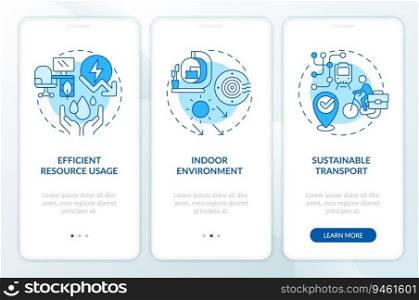 2D blue linear icons representing sustainable office mobile app screen set. 3 steps graphic instructions, UI, UX, GUI template.. Sustainable office concept with blue thin line icons