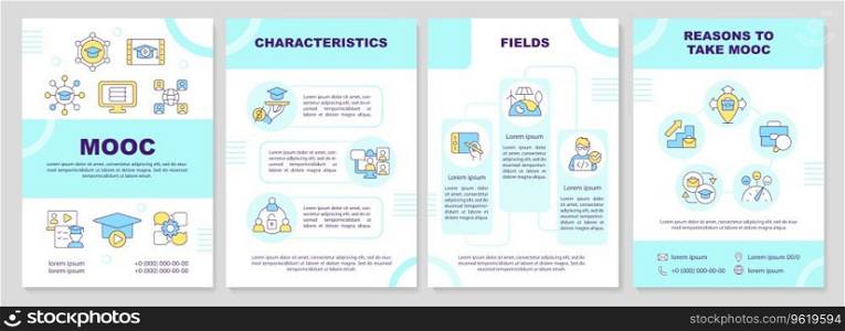 2D blue MOOC brochure template, leaflet design with multicolor thin linear icons, 4 vector layouts.. 2D blue brochure with MOOC linear icons