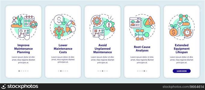 2D colorful icons representing predictive maintenance mobile app screen set. Walkthrough 5 steps graphic instructions with thin line icons concept, UI, UX, GUI template.. 2D walkthrough predictive maintenance with line icons