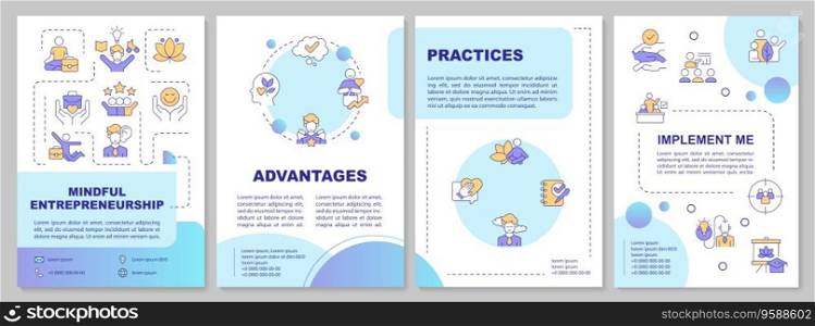 2D colorful mindful entrepreneurship brochure template, leaflet design with thin linear icons, 4 vector layouts.. 2D brochure with mindful entrepreneurship linear icons