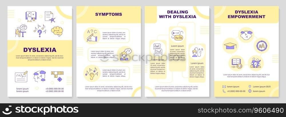 2D dyslexia yellow brochure template, leaflet design with thin line icons, 4 vector layouts.. Brochure template with dyslexia thin line icons