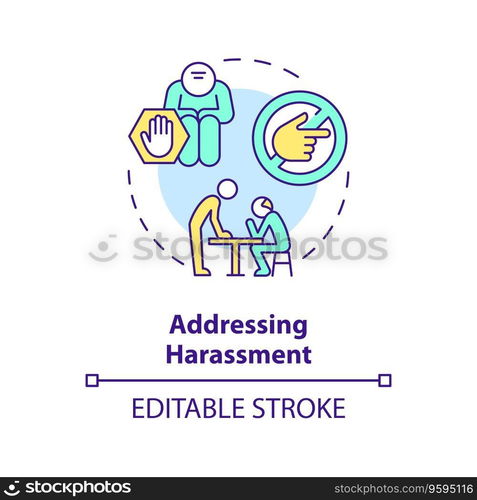 2D editable addressing harassment thin line icon concept, isolated vector, multicolor illustration representing unretirement.. 2D customizable addressing harassment line icon concept